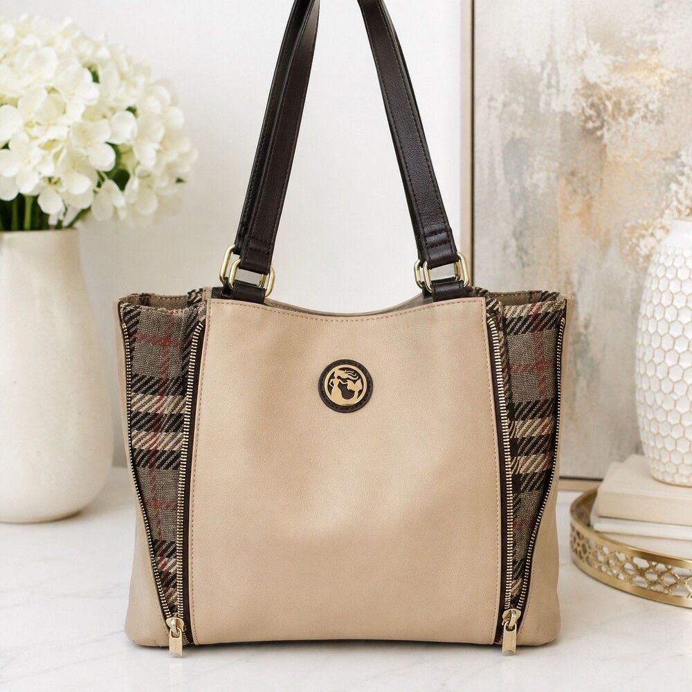 RARE Authentic Spartina 449 Liverpool Tartan Linen/Leather Tote - Retired EUC